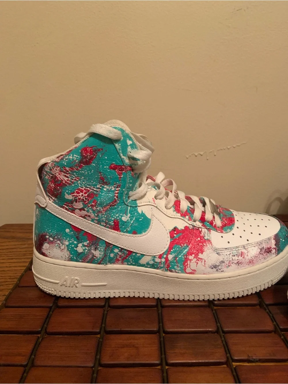 Nike Air Force 1 High Top Sneakers - Teal & Pink Paint Splatter custom dipped